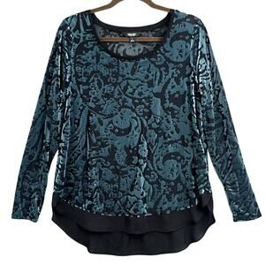 VTG Velvet Burnout Top L Teal Black Boho Whimsigoth Grunge Y2K Romantic Witchy